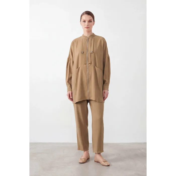 PUANE Aksesuar Detaylı Fermuarlı Tunik Pantolon Takım 14453 MINK
