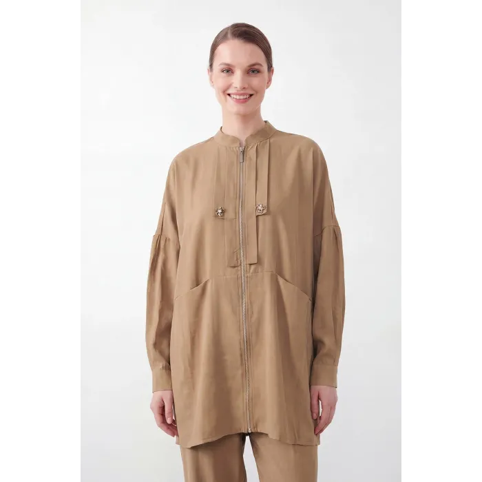 PUANE Aksesuar Detaylı Fermuarlı Tunik Pantolon Takım 14453 MINK