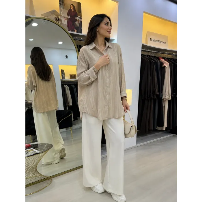PUANE Naturel Dokulu Oversize Gömlek -10800 BEJ