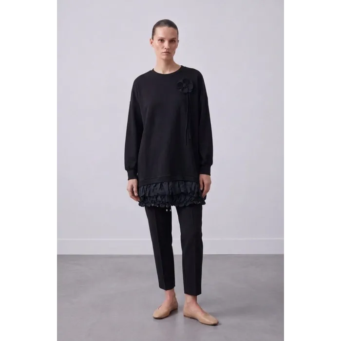 puane Yaka Çiçek Aplikeli Tunik 10815 Siyah