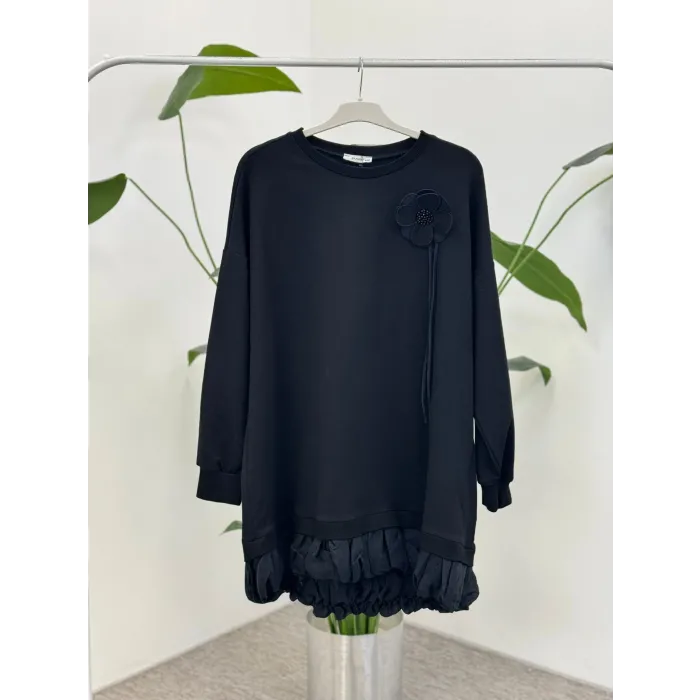 puane Yaka Çiçek Aplikeli Tunik 10815 Siyah