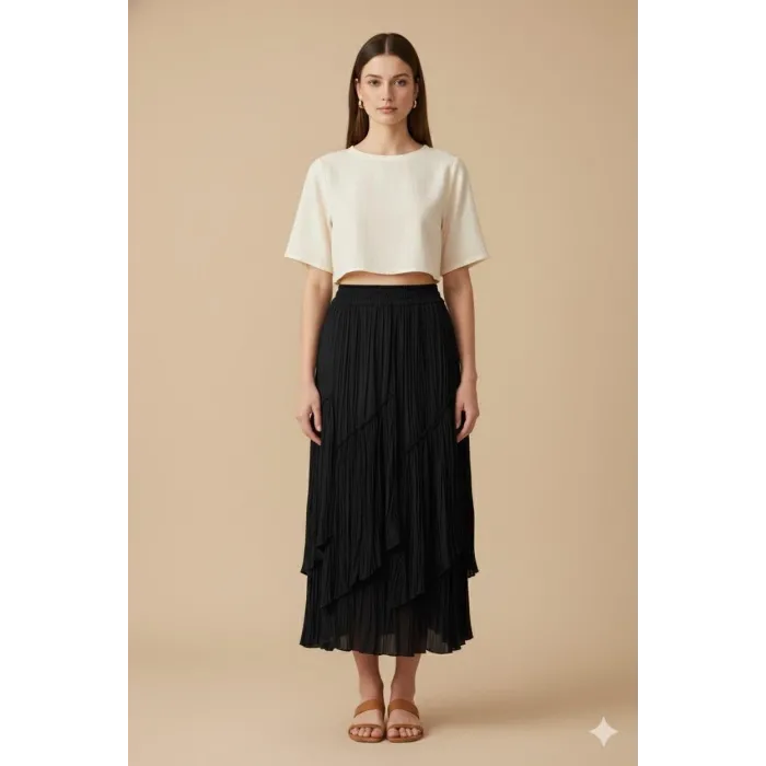 Sentez 5475 Viola Parçalı Kırıştırma Etek - Siyah