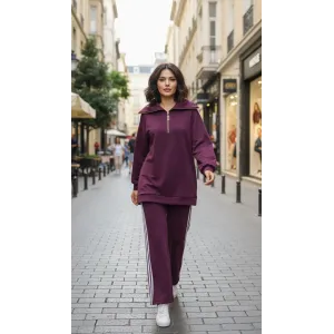 Nuss 1093 Şerit Desenli Pantolonlu Takım - mürdum