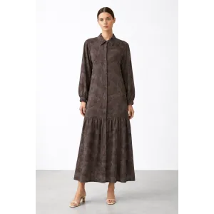 Nuss 2038 İpek Cupra Ebruli Desen Elbise - Kahve