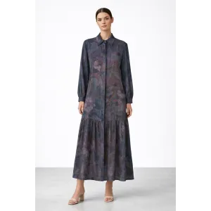 Nuss 2038 İpek Cupra Ebruli Desen Elbise - LİLA