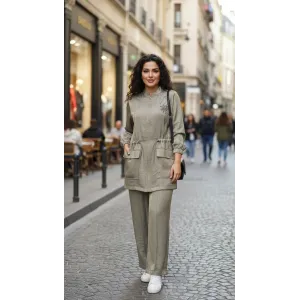 Nuss 1032 Çiçeklei Boncuk İşlemeli Pantolonlu Takım - KÜF