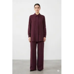 Nuss 1055 Kendinden Çizgili Pantolonlu Takım - Mürdüm