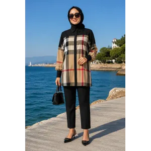 İNVEE EKOSE DESENLİ SİYAH TUNİK 6652