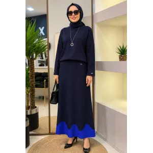 İnvee Etek Ucu Dalga Desenli Lacivert Rayon Triko Evaze Etek 6905