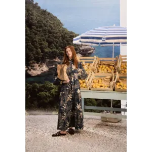 merwish Desenli Uzun Krep -Summer Elbise 1325 laçivert