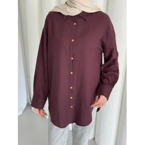 merwish Düğme Keten Gömlek-Bordo 1362