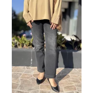 Misswhence Boru Paça Taşlanmış Kot Pantolon 38123 siyah