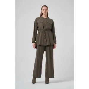 Nuss 1022 Taş İşlemeli Pantolonlu Takım - Haki