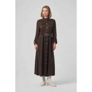 Nuss kemer ve citcit detayli ipek elbise 2002 kahve