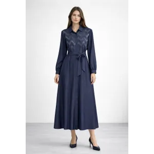 Nuss Payet Detay Kemerli Elbise - Denim 2034