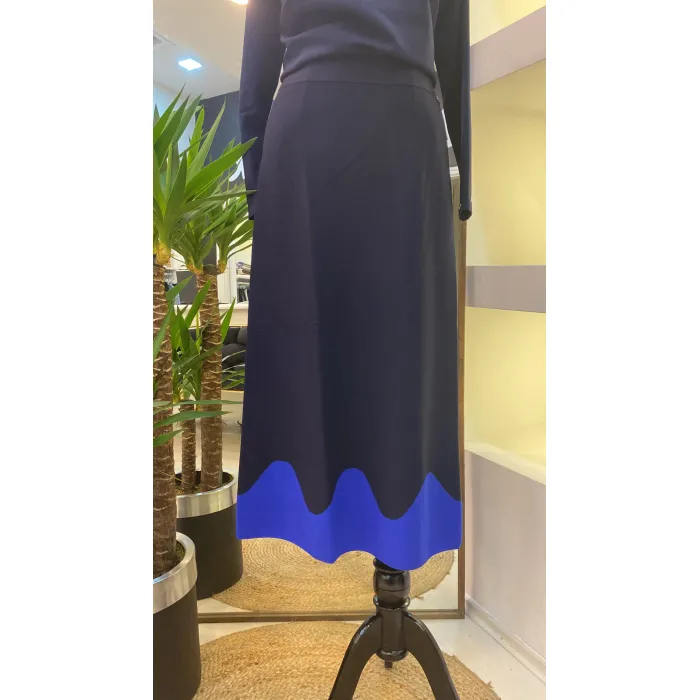 İnvee Etek Ucu Dalga Desenli Lacivert Rayon Triko Evaze Etek 6905