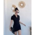 Siyah Yaka Düğmeli Fitilli Elbise