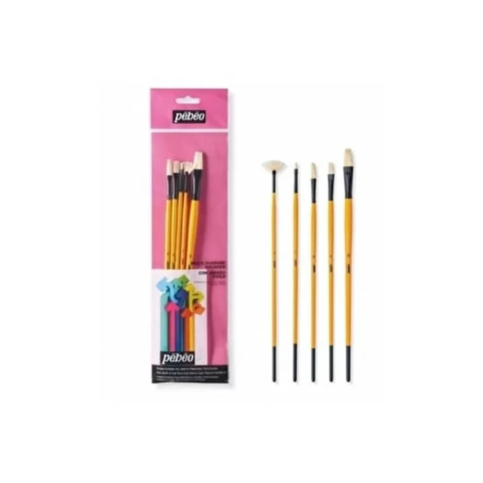 PEBEO 5Lİ FIRÇA SETİ BEYAZ BRISTEL KIL UZUN SAP NO: 2 6 8 12+YELPAZE FIRÇA NO.2 SET-12