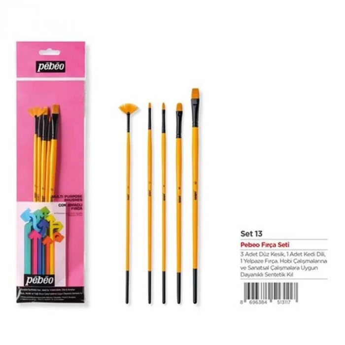 PEBEO 5Lİ FIRÇA SETİ - SENTETİK KIL - UZUN SAP NO: 0 4 8 12 + YELPAZE FIRÇA NO.2 SET-13