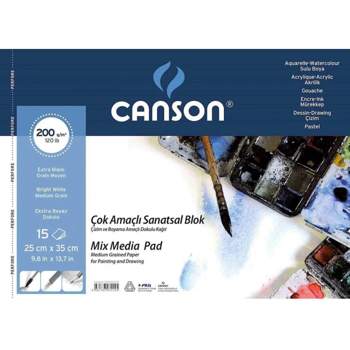CANSON MIXMEDIA 1557 SPİRALLİ RESİM VE ÇİZİM BLOK FINEFACE ÇOK AMAÇLI RESİM BLOKLARI 200GR 25x35 15YP FCNS200152535