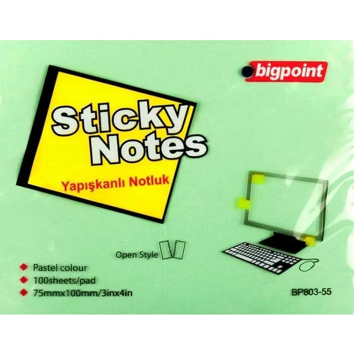 BİGPOİNT YAPIŞKANLI NOT KAĞIDI 75X100MM YEŞİL BP803-55