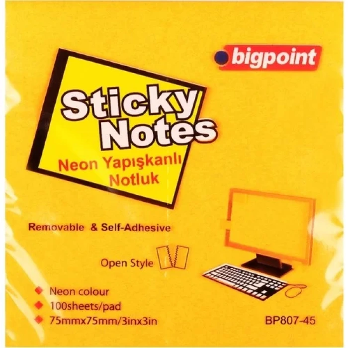 BİGPOİNT YAPIŞKANLI NOT KAĞIDI 75X75MM NEON TURUNCU BP807-45