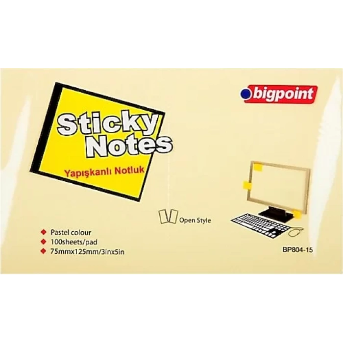 BİGPOİNT YAPIŞKANLI NOT KAĞIDI 75X125MM SARI BP804-15