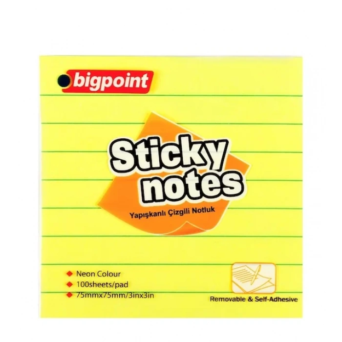 BİGPOİNT YAPIŞKANLI NOT KAĞIDI ÇİZGİLİ 75X75MM NEON SARI BP810-15