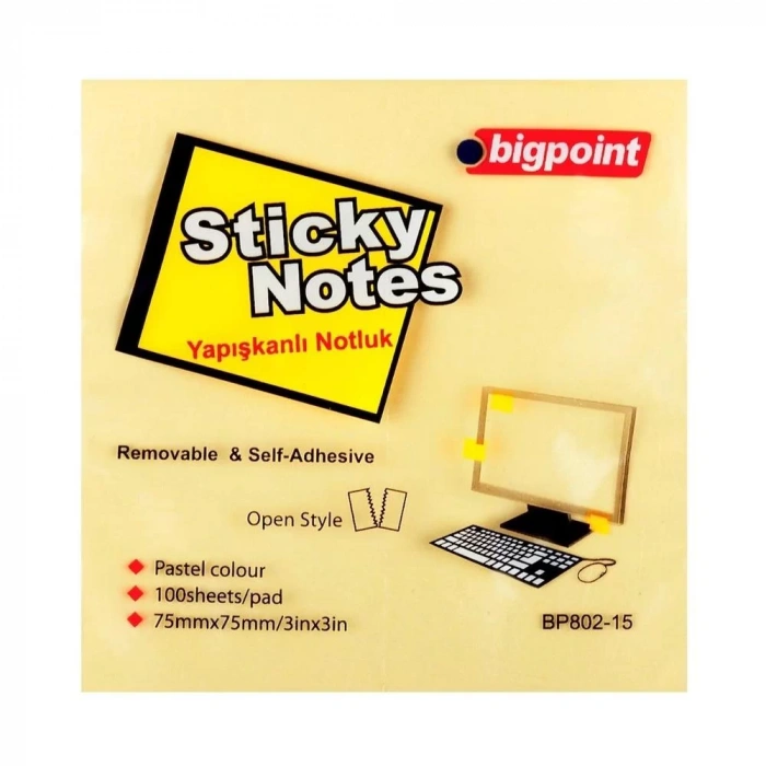 BİGPOİNT YAPIŞKANLI NOT KAĞIDI 75X75MM SARI BP802-15