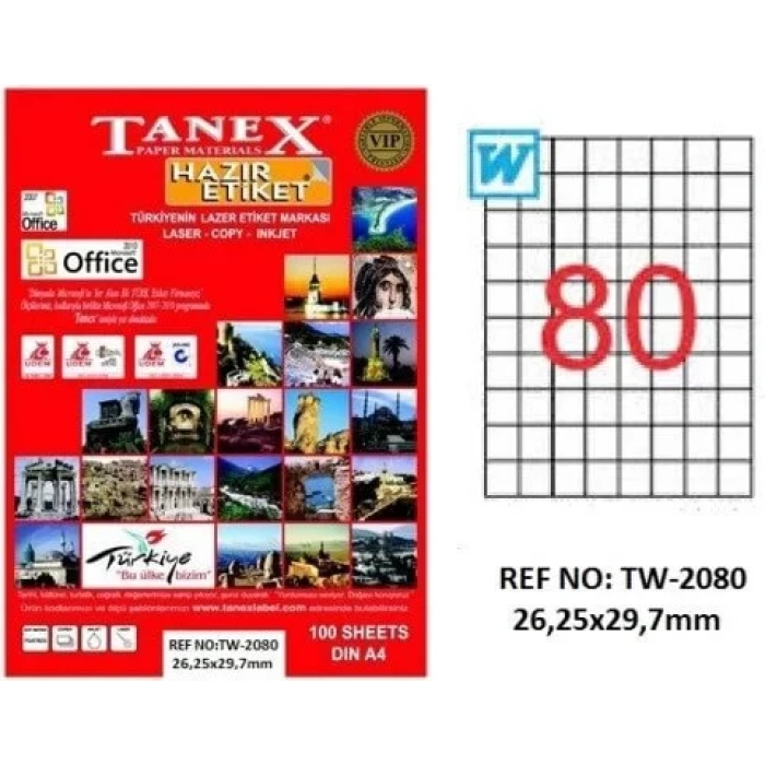 TANEX TW-2080 2625x297 mm LASER ETİKET 100 AD. TW2080LAS10100