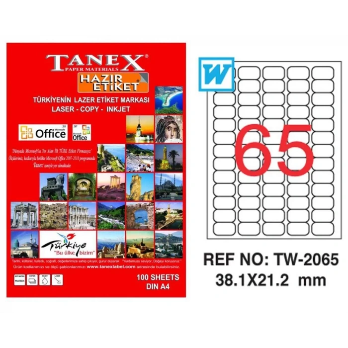 TANEX TW-2065 381x212 mm LASER ETİKET 100 AD. TW2065LAS10100