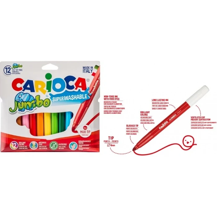 CARİOCA JUMBO SÜPER YIKANABİLİR KEÇELİ BOYA KALEMİ 12Lİ 40565