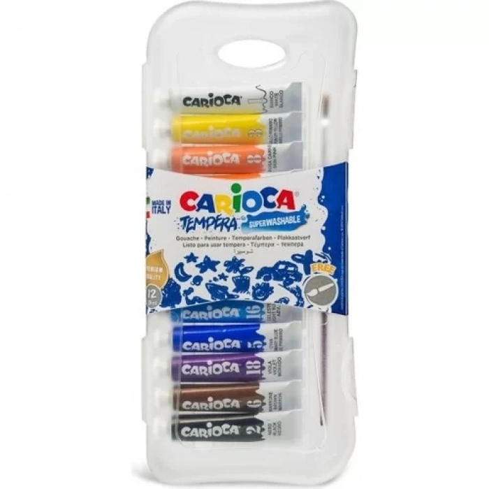 CARİOCA TÜP TEMPERA GUAJ BOYA SÜPER YIKANABİLİR FIRÇALI 12 RENK 12X7,5 ML  KO012/A
