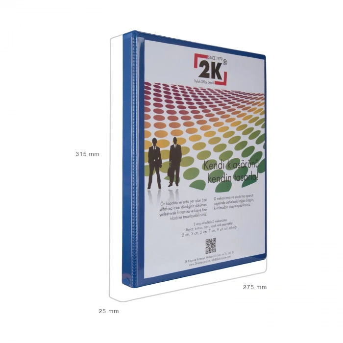 2K FİRMA EVRAK SUNUM KLASÖRÜ A4 PVC 2 CM 2 HALKALI (150 YAPRAK) 202 MAVİ 255X32 CM