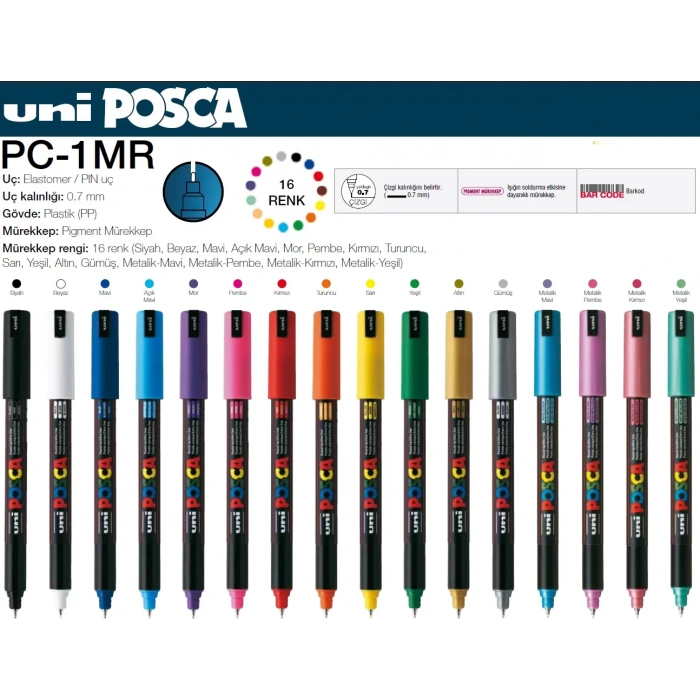 UNİ POSCA 0.7 SU BAZLI POSTER MARKÖRÜ 12Lİ PC-1MR 12C