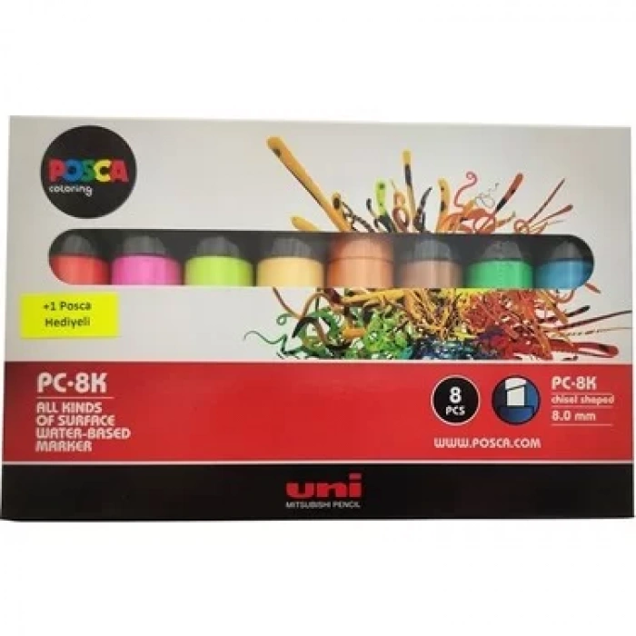 UNİ POSCA 8.0 SU BAZLI POSTER MARKÖRÜ FLORESAN RENK 7+1 PC-8K 7+1P.02 SET