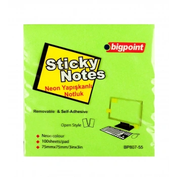 BİGPOİNT YAPIŞKANLI NOT KAĞIDI 75X75MM NEON YEŞİL BP807-55
