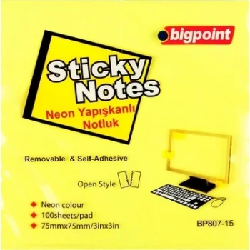 BİGPOİNT YAPIŞKANLI NOT KAĞIDI 75X75MM NEON SARI  BP807-15