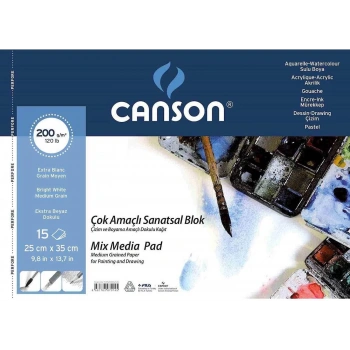 CANSON MIXMEDIA 1557 SPİRALLİ RESİM VE ÇİZİM BLOK FINEFACE ÇOK AMAÇLI RESİM BLOKLARI 200GR 25x35 15YP FCNS200152535