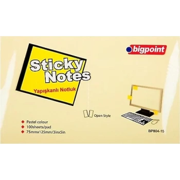 BİGPOİNT YAPIŞKANLI NOT KAĞIDI 75X125MM SARI BP804-15