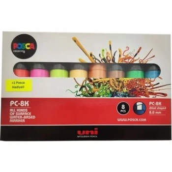 UNİ POSCA 8.0 SU BAZLI POSTER MARKÖRÜ FLORESAN RENK 7+1 PC-8K 7+1P.02 SET
