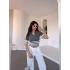 Antrasit Polo Yaka Yarım Kol, Kol Ucu ve Bel Beyaz Çizgili Crop Triko