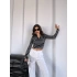 Polo Yaka Siyah Beyaz Çizgili Crop Triko