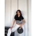 Siyah Polo Yaka Yarım Kol, Kol Ucu ve Bel Beyaz Çizgili Crop Triko