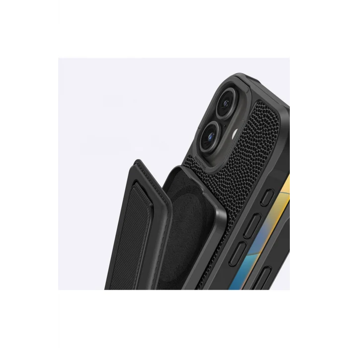 iPhone 16 Kılıf Magsafe Özellikli Standlı Kartlıklı Set Amazingthing Glamour Luxe Serisi Kapak Siyah