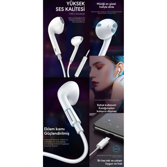 İphone 17/16/15 Serileri Uyumlu (TAK ÇALIŞTIR) İphone Kablolu Kulaklık Type-c Girişli Kulaklık