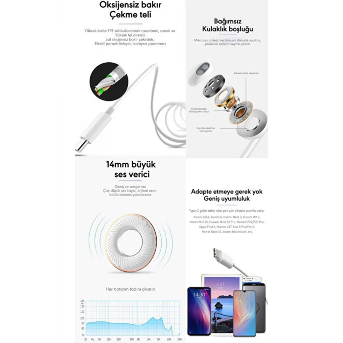 İphone 17/16/15 Serileri Uyumlu (TAK ÇALIŞTIR) İphone Kablolu Kulaklık Type-c Girişli Kulaklık