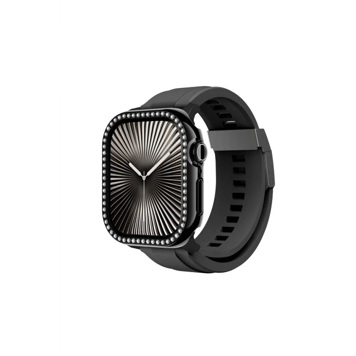 Watch 10 46mm Uyumlu Gleam Fit FullGuard Taşlı Sert PC Kasa ve Ekran Koruyucu Siyah