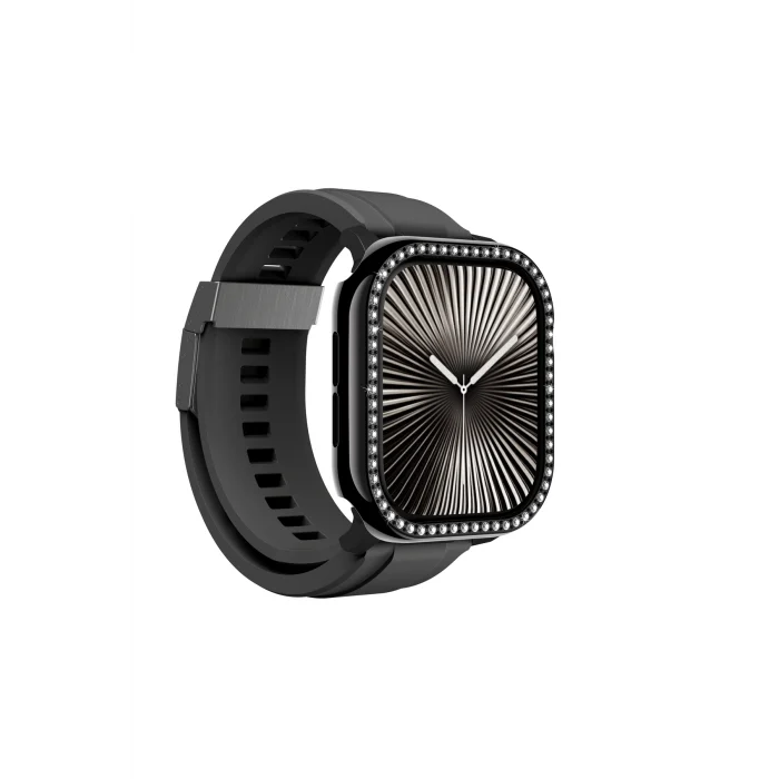 Watch 10 46mm Uyumlu Gleam Fit FullGuard Taşlı Sert PC Kasa ve Ekran Koruyucu Siyah