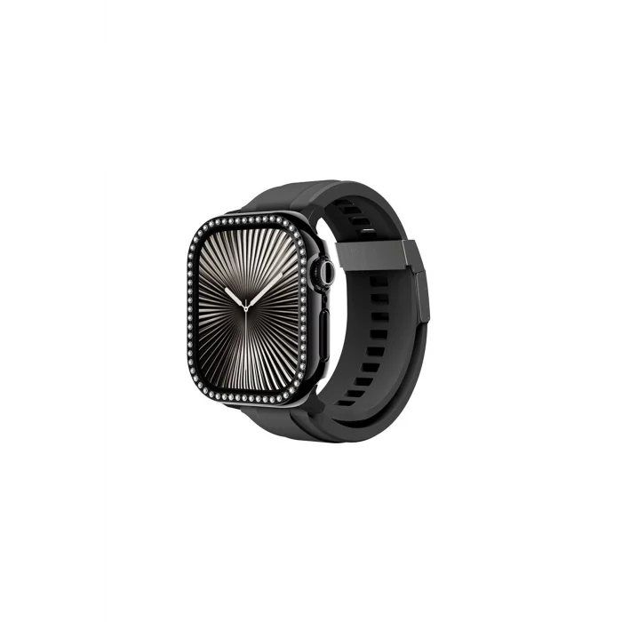 Watch 10 46mm Uyumlu Gleam Fit FullGuard Taşlı Sert PC Kasa ve Ekran Koruyucu Siyah